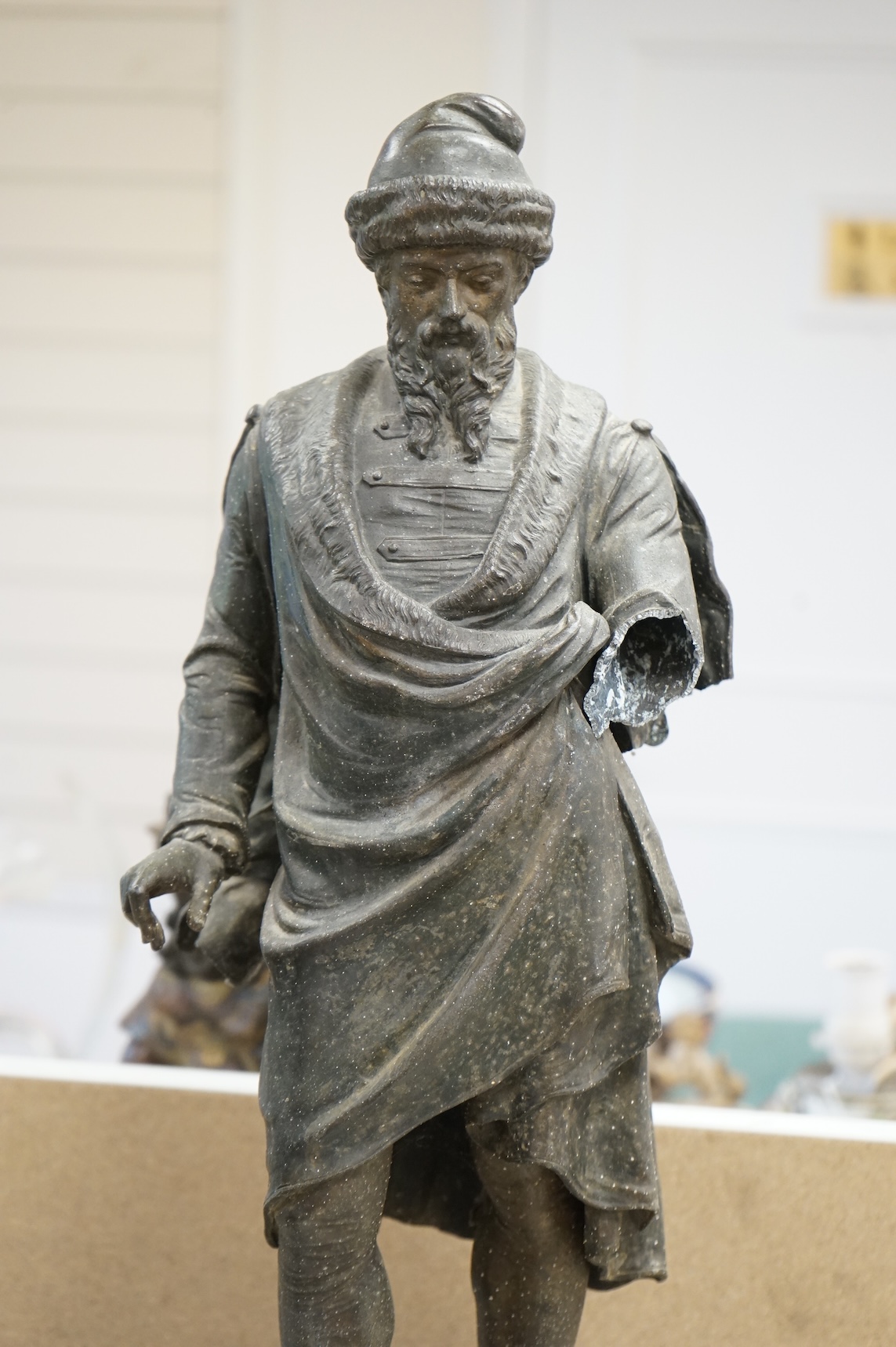 A pair of Victorian spelter figures of Columbus and Gutenberg, 73cm high (damaged)